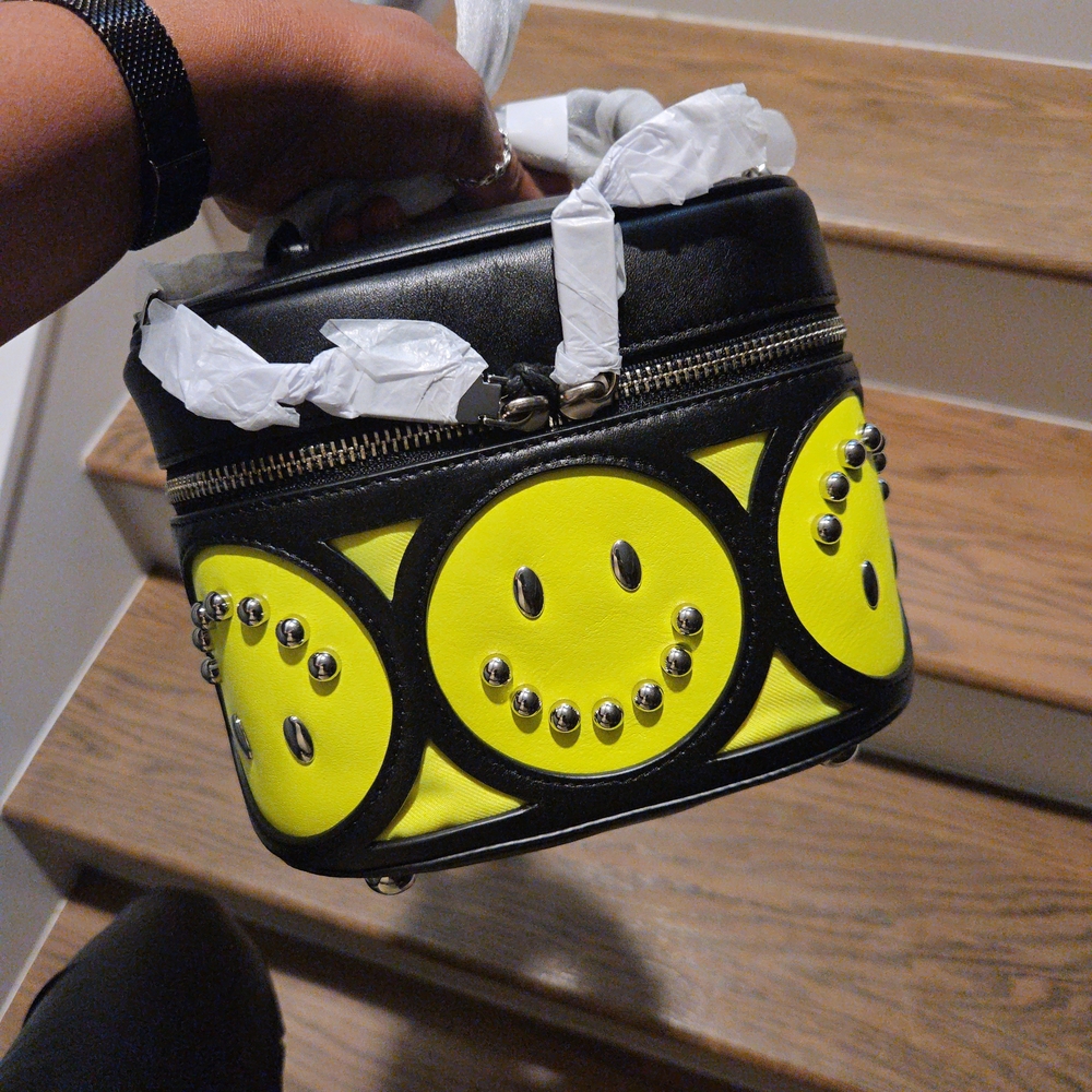 Rebecca Minkoff Black and Yellow Smiley Face Studded Cosmetic Bag